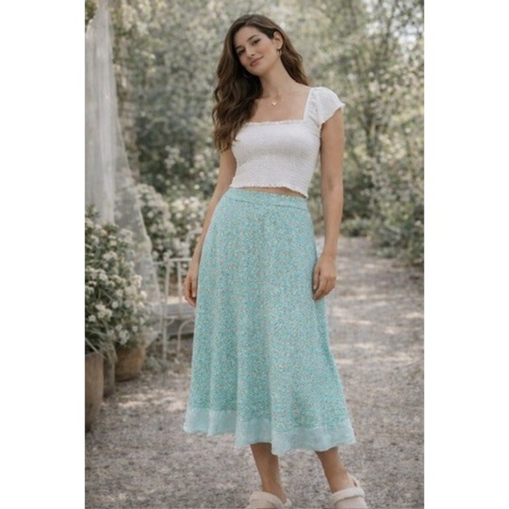 Charlotte Russe Teal Blue Floral Rayon Midi Skirt Elastic Waist Mesh Trim Medium